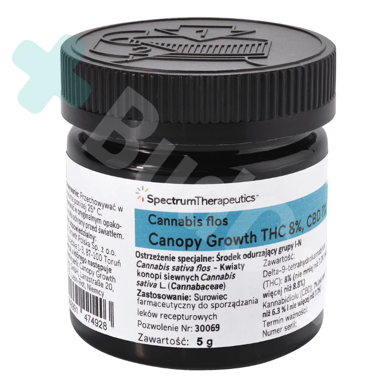 Opakowanie medycznej marihuany, Penelope Canopy Growth THC 8% i 7% CBD, Czarne opakowanie z zakrętką o pojemności 5g